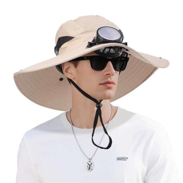 Summer Outdoor Waterproof Bucket Hat USB Charging Solar Powered Fan Wide Brim for Hiking Fishing Cycling Beach Sun Protection