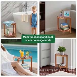 Cheng Zhi Mei Bamboo Wood Bathroom Stool Fan Shaped <b>Corner</b> Shelf Double Layer Storage <b>Rack</b> For Bathtub <b>Shower</b> Use - Product Image 4