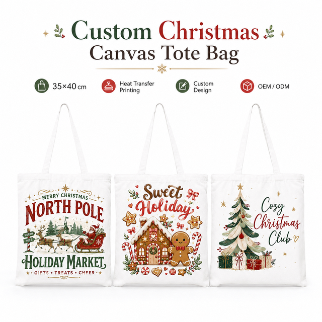 Custom Christmas Canvas Tote Bag With Logo Heat Transfer Printing Reusable Holiday Gift Bag Wholesale OEM Canvas Shopping Bag