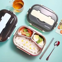 Boîte à lunch bento en acier inoxydable avec couverts, design compartimenté, étanche, haute capacité