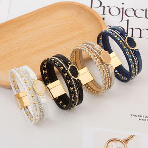 Noir Losange Résine Cristal Charme En Cuir Bracelet Bracelets pour Femme Multi Couche Boho En Cuir Wrap Bracelet Bijoux - Product Image 2