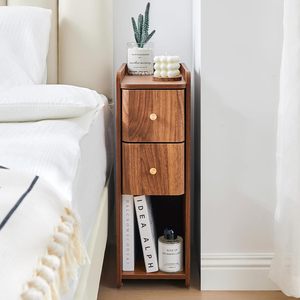 Set of 2 Narrow Wooden Nightstands, Slim 2-Drawer <strong>Bedside</strong> <strong>Tables</strong>, Mid Century Modern <strong>Skinny</strong> Side <strong>Tables</strong> for Bedroom Living Room - Product Image 3