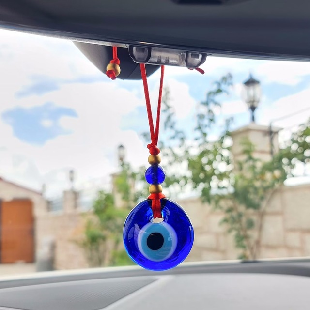 Handmade Vintage Evil Eye Pendant Car & Wall Decor-Turkish Blue Glass & Crystal Eye Amulet for Protection & Aesthetic