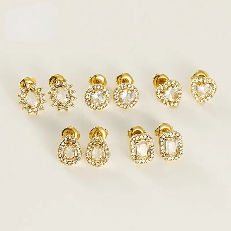 18K Gold Plated Full White Diamond CZ Cubic Zirconia Inlaid Heart Stud Earrings Stainless Steel Sunflower Earrings