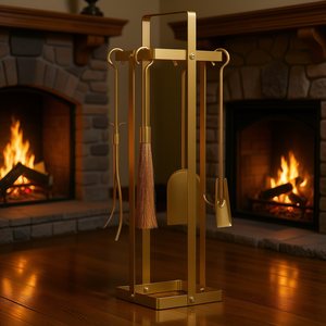 Juego de 5 Herramientas para Chimenea de Metal Moderno con Acabado Dorado y Soporte para Chimeneas de Leña - Product Image 2