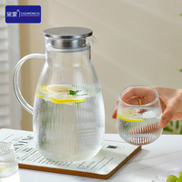 Pichet en verre borosilicate à rayures verticales avec couvercle et 6 tasses, 1900 ml, pour boissons quotidiennes, service de boissons, motif diamants
