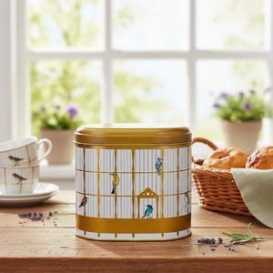 Kontensan Vintage Birdcage Illustration 1.4L Metal Tin 140x120x130mm Oval Food <b>Storage</b> <b>Container</b> with Colorful Birds ER004T7 - Product Image 3