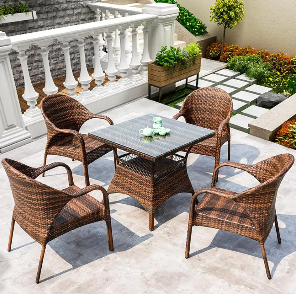 Conjunto de mesa y silla de ratán para exterior, muebles de plástico de resina para restaurante, comedor y jardín