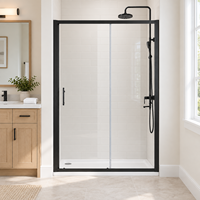 Porte de douche coulissante moderne à cadre noir avec panneau fixe en verre transparent et design gain de place pour salles de bain en alcôve