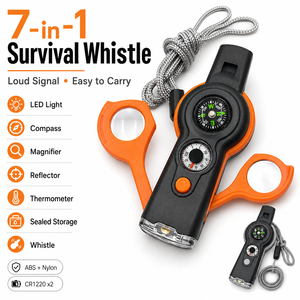 Sifflet de survie extérieur LED 7-en-1 avec boussole et thermomètre pour le camping et les secours - Product Image 1