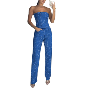 Elegante Completo Estivo da <span class=keywords><strong>Donna</strong></span> Lunghezza al Ginocchio con Top Lucido Senza Spalle e <span class=keywords><strong>Pantaloni</strong></span> con Diamanti per il Mercato Europeo e Americano - Product Image 2