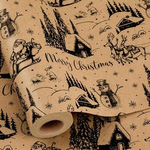 Kraft Christmas Wrapping <b>Paper</b> <b>Roll</b> 17 Inch X 33 Feet Vintage Sleigh Snowman Print Brown Holiday Gift <b>Wrap</b> - Product Image 1