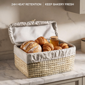 Panier de rangement en paille tressé à la main CT avec couvercle, conteneur alimentaire isotherme, boîte de rangement <span class=keywords><strong>pour</strong></span> aliments <span class=keywords><strong>pour</strong></span> animaux de compagnie en herbe naturelle écologique, décoration intérieure - Product Image 5