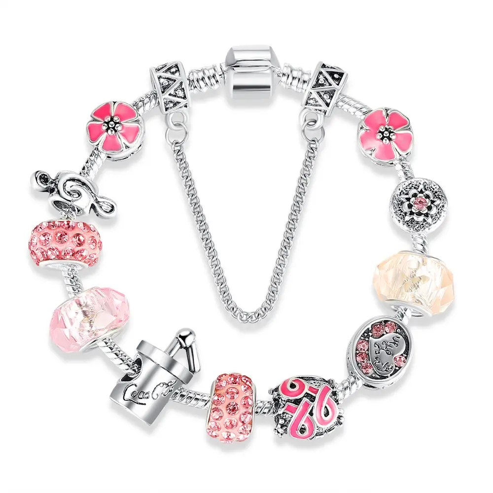 VRIUA Antik Silber Armbänder für Frauen Murano Glas perle Kristall Brustkrebs Awareness Pink Ribbon Charms Armband