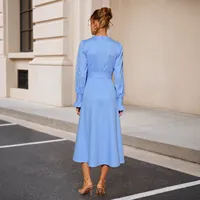 Robe élégante unie coupe trapèze avec décolleté plongeant et manches lanternes cintrées à la taille pour les soirées ODM