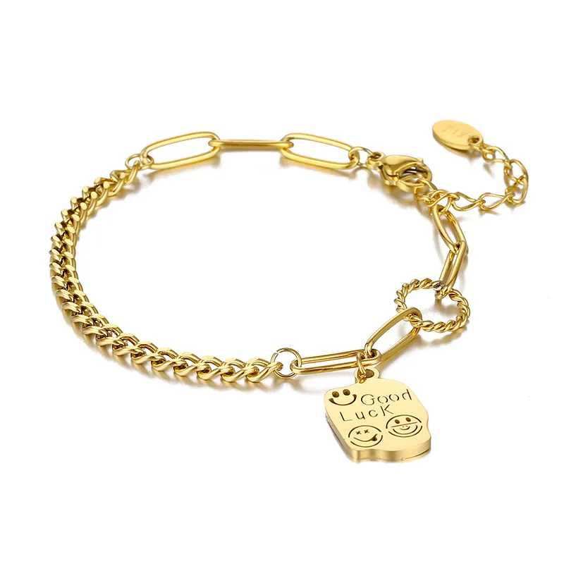 Pulseira de aço inoxidável, joias banhadas a ouro 18k com sorriso, feliz sorte, bracelete feminino