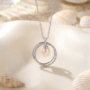 Dainty CZ Hoop Circle Pink Rice Freshwater Pearl Dangle Necklace <b>Silver</b> Plated Copper Jewelry Floating Pearl <b>Choker</b> Women - Product Image 4