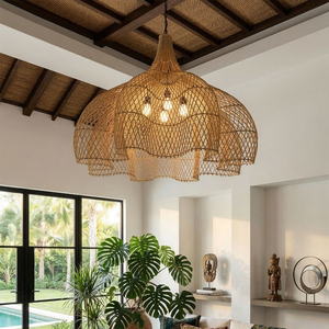 Lustre en rotin naturel tissé à la main, grand modèle, style Wabi Sabi, luminaire suspendu pour hall d'hôtel, décoration intérieure - Product Image 3