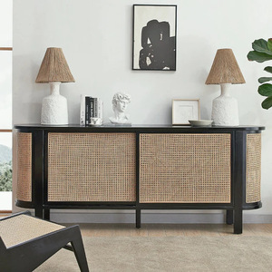 Black solid wood <b>sideboard</b> for dining, vintage style, suitable for home use, French style, rattan woven wood, tea cabinet, - Product Image 2
