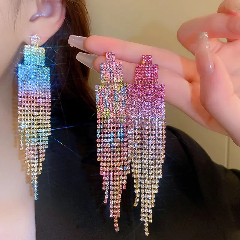 Fashion Colorful Diamond Square Tassel Earrings Temperament Diamond Geometric Earrings Women Ear Jewelry