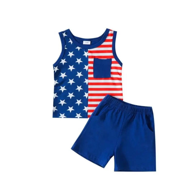 2024 new products boys summer clothing 4th of July little boys custom print sleeveless tank tops match shorts clothes suits