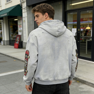 Sudadera con capucha gris desgastada con cremallera, parches de lentejuelas de corazón y patineta para hombre, chaqueta informal de moda urbana - Product Image 2