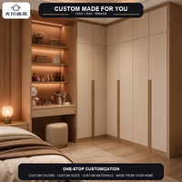 Armoire moderne en L sur mesure avec coiffeuse d'angle, étagères ouvertes et tiroirs à LED pour usage commercial et résidentiel (chambre à coucher)