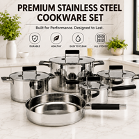 Nouvel Arrivage Usine : Ensemble de 9 Pièces de Batterie de Cuisine Classique Écologique en Acier Inoxydable avec Fond Soudé, Compatible Induction