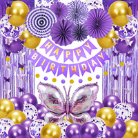 Décoration d'anniversaire sur le thème des papillons pour filles, guirlande de papillons 3D, ballon en feuille d'aluminium, rideau de paillettes, ensemble de toile de fond pour fête