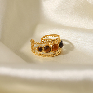 Anillos de Acero Inoxidable con Baño de Oro de 18K, Diseño Moderno, con Cinco Piedras de Ojo de Tigre, Redondos y Huecos, para Mujer - Product Image 2
