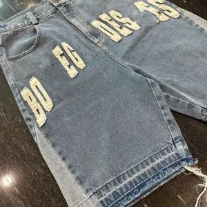 Custom Grote Jeans Shorts Zomer Splicing Katoen Patch Borduurwerk Losse Unisex Bermuda Denim Shorts