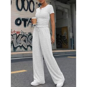 Conjunto de 2 Piezas para Mujer, Estilo Lounge, Pantalones Anchos de Verano, Ropa Casual para Vacaciones, Top de Manga Corta Tejido Transpirable - Product Image 3
