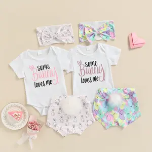 Vêtements de pâques pour enfants bébé lettre imprimée T-shirt à manches courtes lapin imprimé laine Short boule + bandeau de cheveux ensemble trois pièces