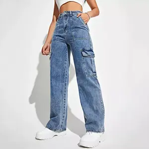 Custom Ladies Side Pocket Jeans Pantalones de oficina de pierna ancha Cargo Pantalones de mezclilla para las mujeres