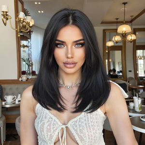 16 אינץ קצר <span class=keywords><strong>bob</strong></span> פאה שחור כחול כהה ארוך סיבי סינתטי ישר כובע אלסטי ישר תמונה עמיד חום - Product Image 6