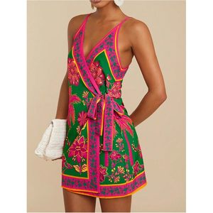 Vestido Camisero con Estampado Tropical para Mujer, Sin Mangas, Cuello en V Cruzado, Lazo, Estilo Boho, Cintura Natural, Informal, Transpirable, Tejido - Product Image 5