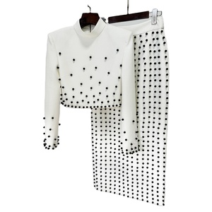 White Beautiful Spring Autumn Formal Luxury <b>Tops</b> <b>Skirt</b> <b>Set</b> Pearl Crystal Beading Stand <b>Long</b> Sleeve Eco-friendly Two Pieces <b>Set</b> - Product Image 1