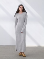 Robe longue d'hiver 100% cachemire pur pour femme, manches longues, fente latérale haute, col rond, longueur ras du sol, tricotée, coupe droite, douce et chaude