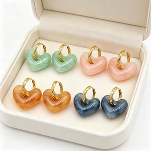 Pendientes de Aro Trenzados Chapados en Oro de 18K con Corazón de Resina Rosa y Corte Princesa, Colgantes de Moda, Pendientes de Declaración para Mujer al por Mayor - Product Image 2