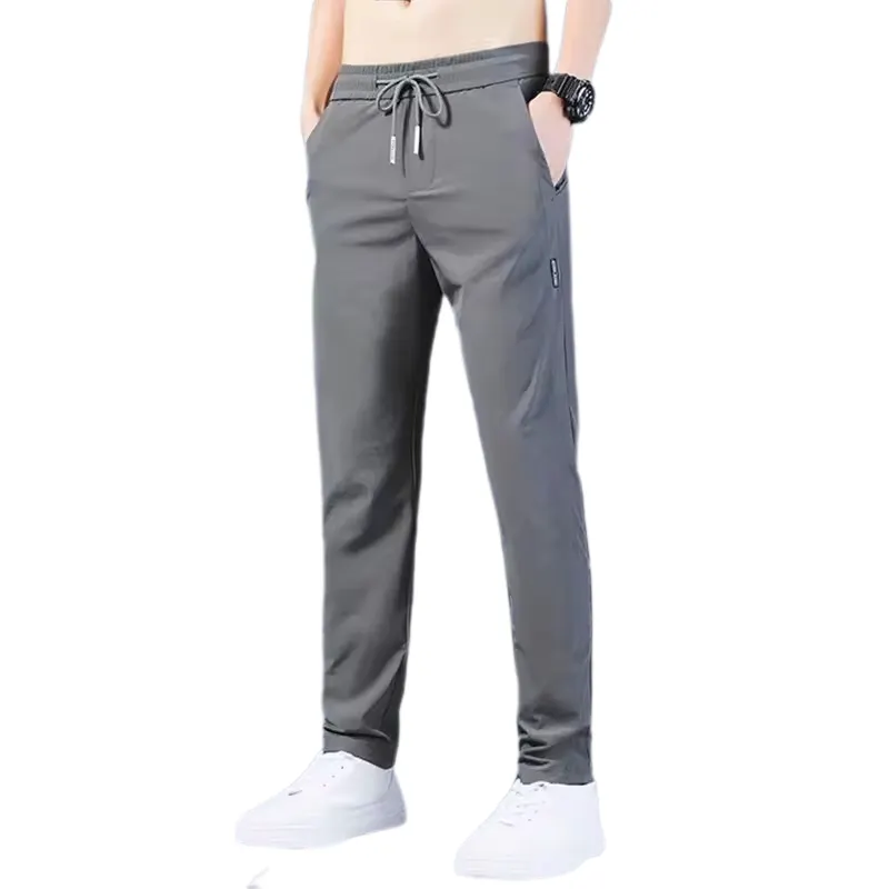 Men Fast Dry Stretch Pants Ice Silk Trousers Solid Color Mid-Waist Loose Breathable Straight-Leg Casual Thin Sports Pants