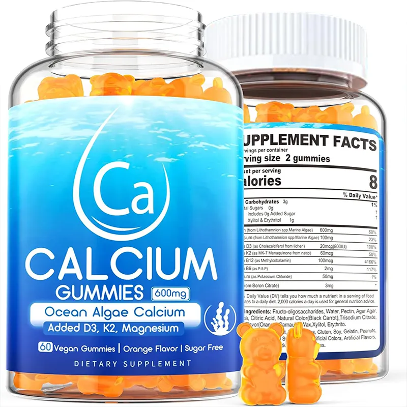 비타민 D3 K2 마그네슘 B6 B12 유기농 칼슘 보충제가 함유 된 뼈 힘 건강한 치아 무설탕 칼슘 구미