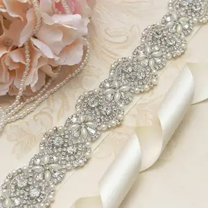 Keering Stock Hot Sale Clear Pearl Flower Sash Rhinestone Applique Belt For Bridal Dress WRA-363