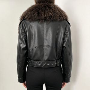 <span class=keywords><strong>Veste</strong></span> en cuir courte pour femmes, très tendance, avec col en fourrure de Mongolie véritable, <span class=keywords><strong>grande</strong></span> <span class=keywords><strong>taille</strong></span>, manteau de printemps et d'automne, vêtement d'extérieur en fourrure pour femmes - Product Image 5
