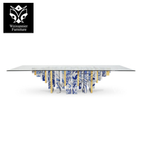 Table à manger de luxe faite à la main avec comptoir en verre trempé en acier inoxydable en bois massif bleu blanc pour votre salle à manger