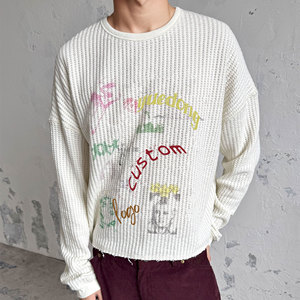 T-Shirt Termica in Cotone Bianco Personalizzata, Oversize, Pesante, con Stampa, Maniche Lunghe per Uomo, Stile Casual a Maglia Waffle - Product Image 3