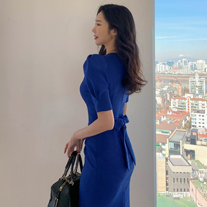 Droma 2026 Nuova Collezione: Elegante Abito da <span class=keywords><strong>Donna</strong></span> <span class=keywords><strong>Blu</strong></span> Scuro con Collo Tondo, Maniche Corte e Lacci, per Ufficio - Product Image 4