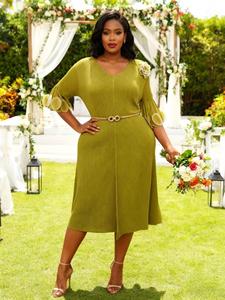 Directo de fábrica al por mayor de las mujeres de <span class=keywords><strong>color</strong></span> sólido elegante Miyaki plisado vestido Floral manga y broche V <span class=keywords><strong>Beck</strong></span> Midi vestido - Product Image 5