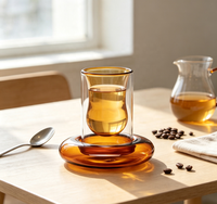 Ensemble de tasses à thé/café en verre borosilicate double couche bicolore avec soucoupe intérieure ambrée assortie, décoration créative pour la table à manger