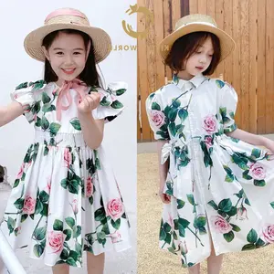새로운 패션 유아 소녀 여름 짧은 소매 꽃 인쇄 캐주얼 셔츠 드레스
