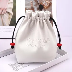Wholesale Emboss Square Bottom PU Leather Cosmetic Bag Small White Travel Makeup Brush Candy Storage Drawstring Leather Pouch